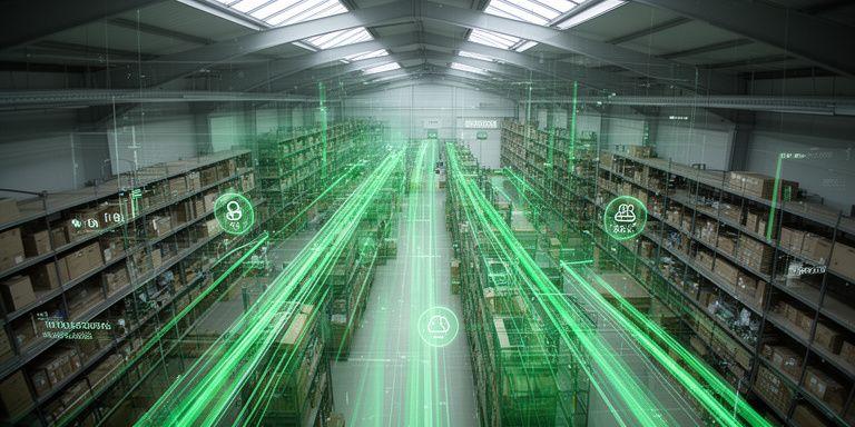Logistics warehouse with digital overlay of automated tasks